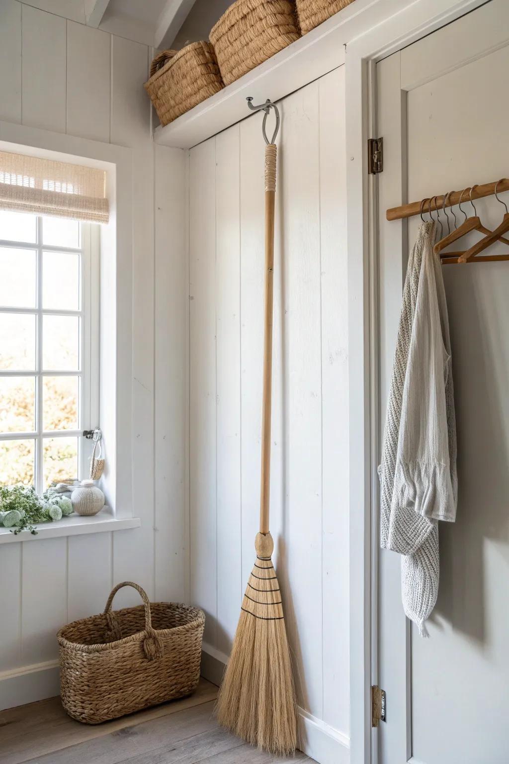 Ceiling hooks lift long broom handles up high—freeing floor space in the tiniest closet.