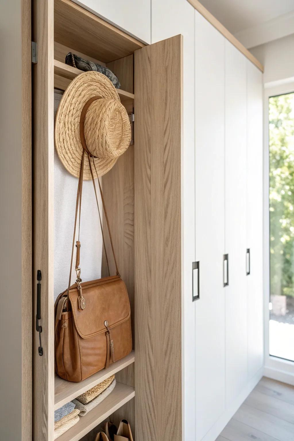 A hidden swing-out panel adds “invisible” overflow storage for hats, bags, or tomorrow’s outfit.