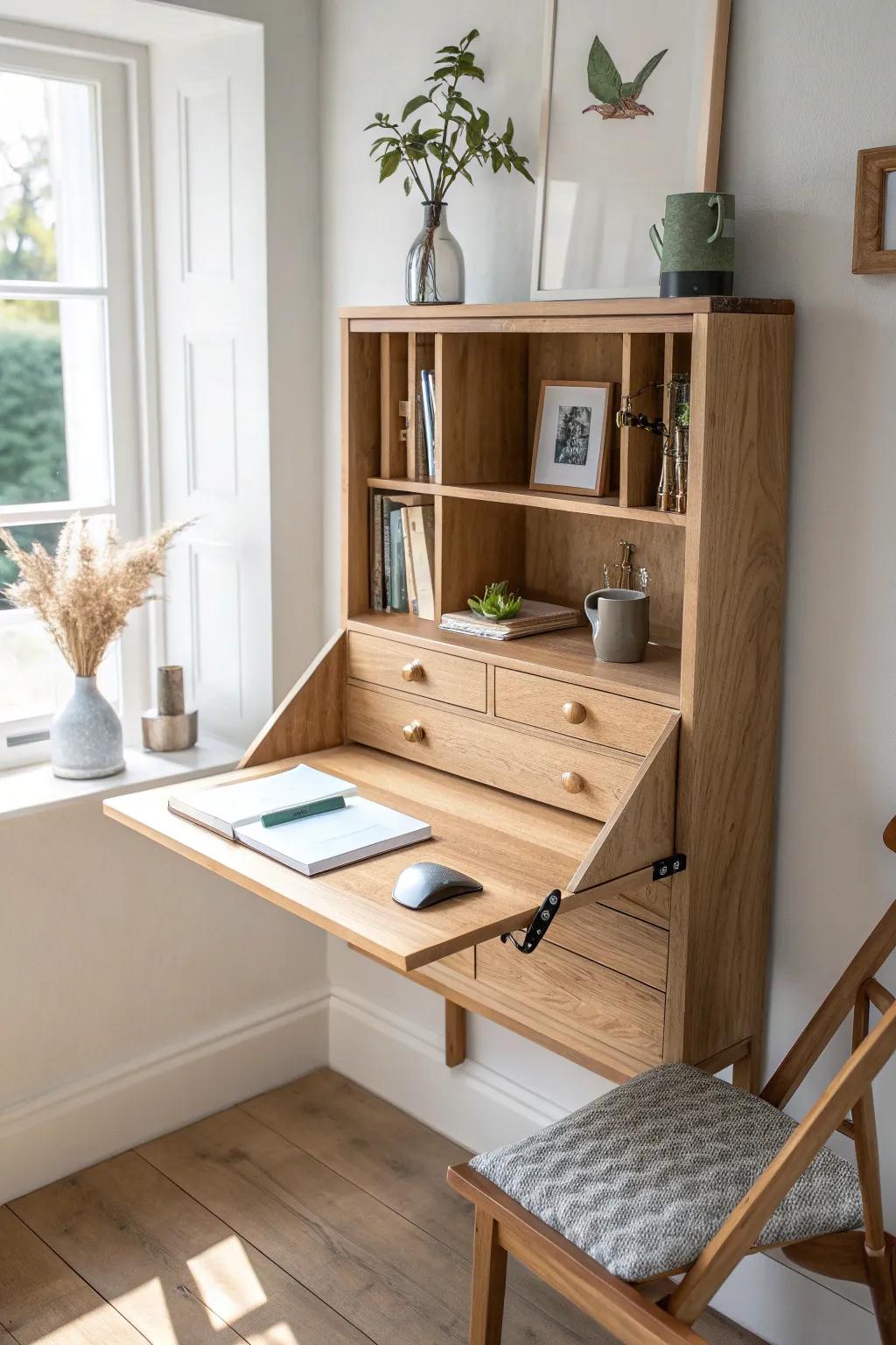 A flip-down built-in desk panel that disappears when you’re done—perfect for tiny layouts.