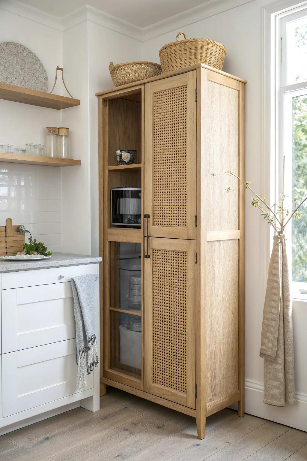 A hidden built-in microwave behind a styled cabinet door for a cleaner, calmer kitchen.