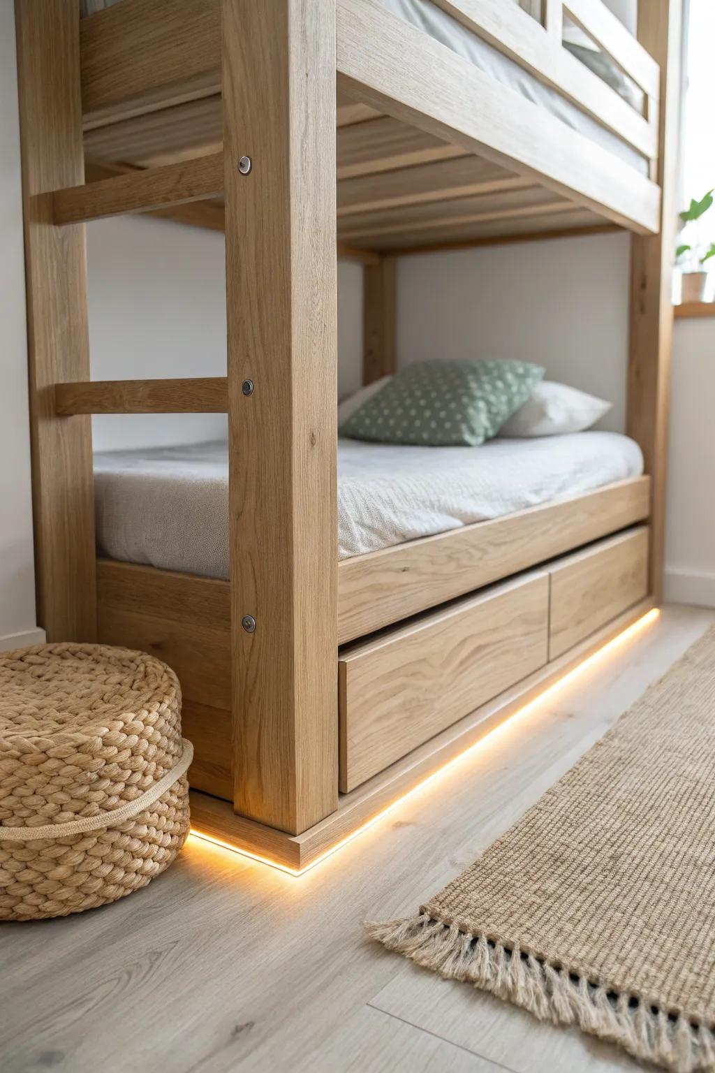 Hidden toe-kick LED glow makes the bunk look like it’s floating—soft, luxe, and night-friendly.