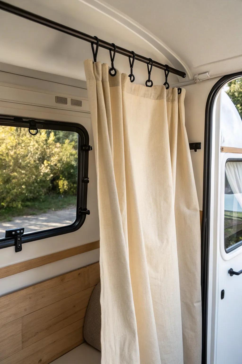 A linen closet curtain instantly hides camper clutter and makes the space feel calm and curated.