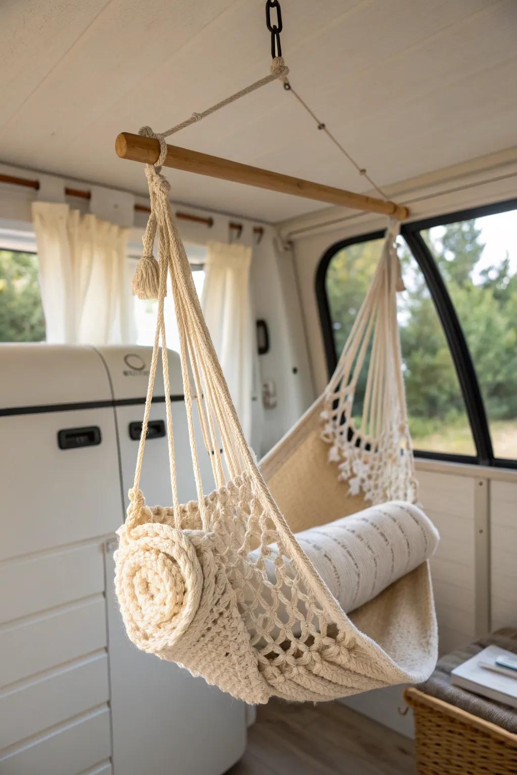 A micro-hammock loft sling adds a cozy second shelf for blankets in your camper shell.