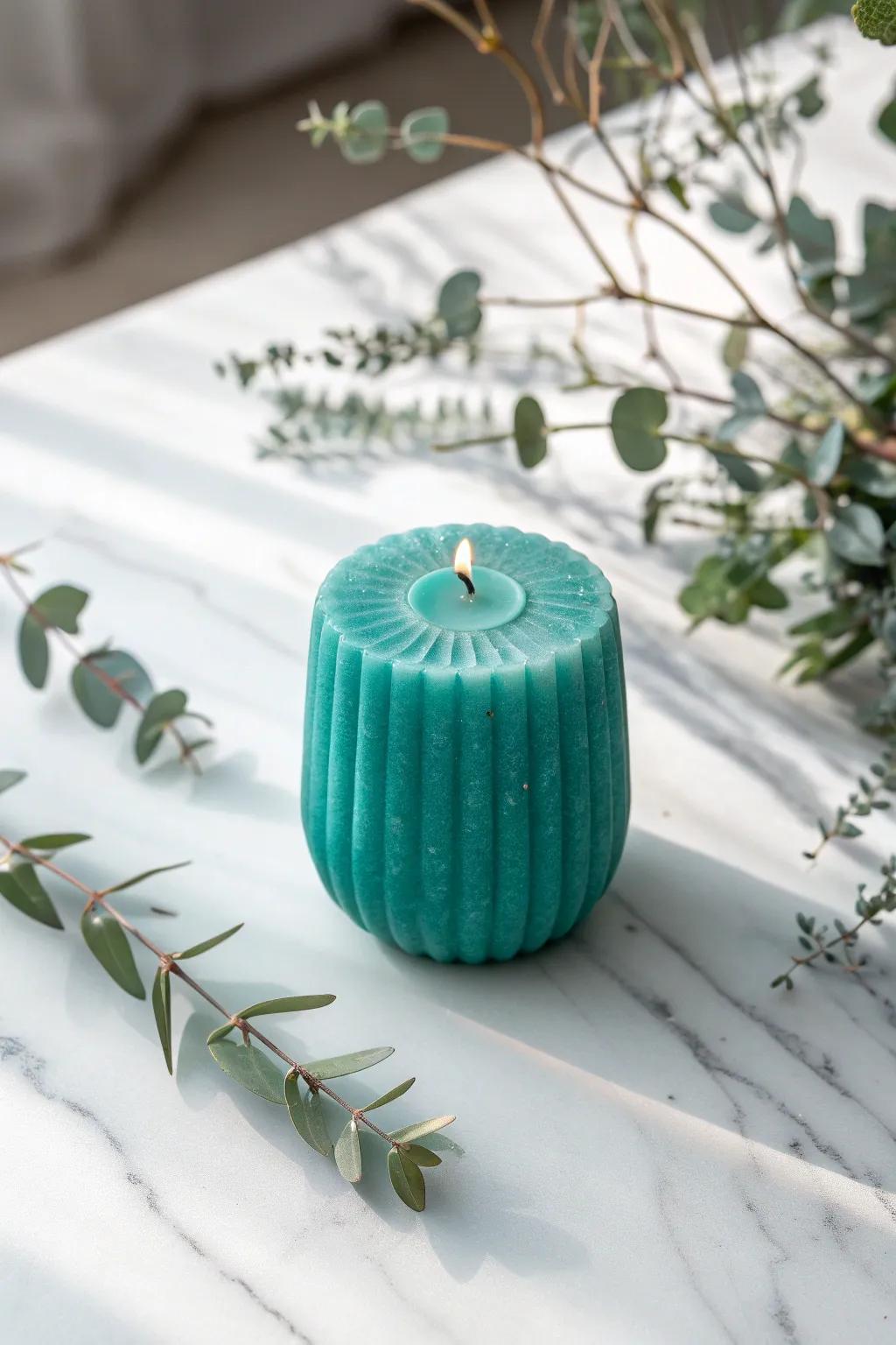 Add a pop of color with this bold teal candle, perfect for enhancing minimalist spaces with a touch of artistry.