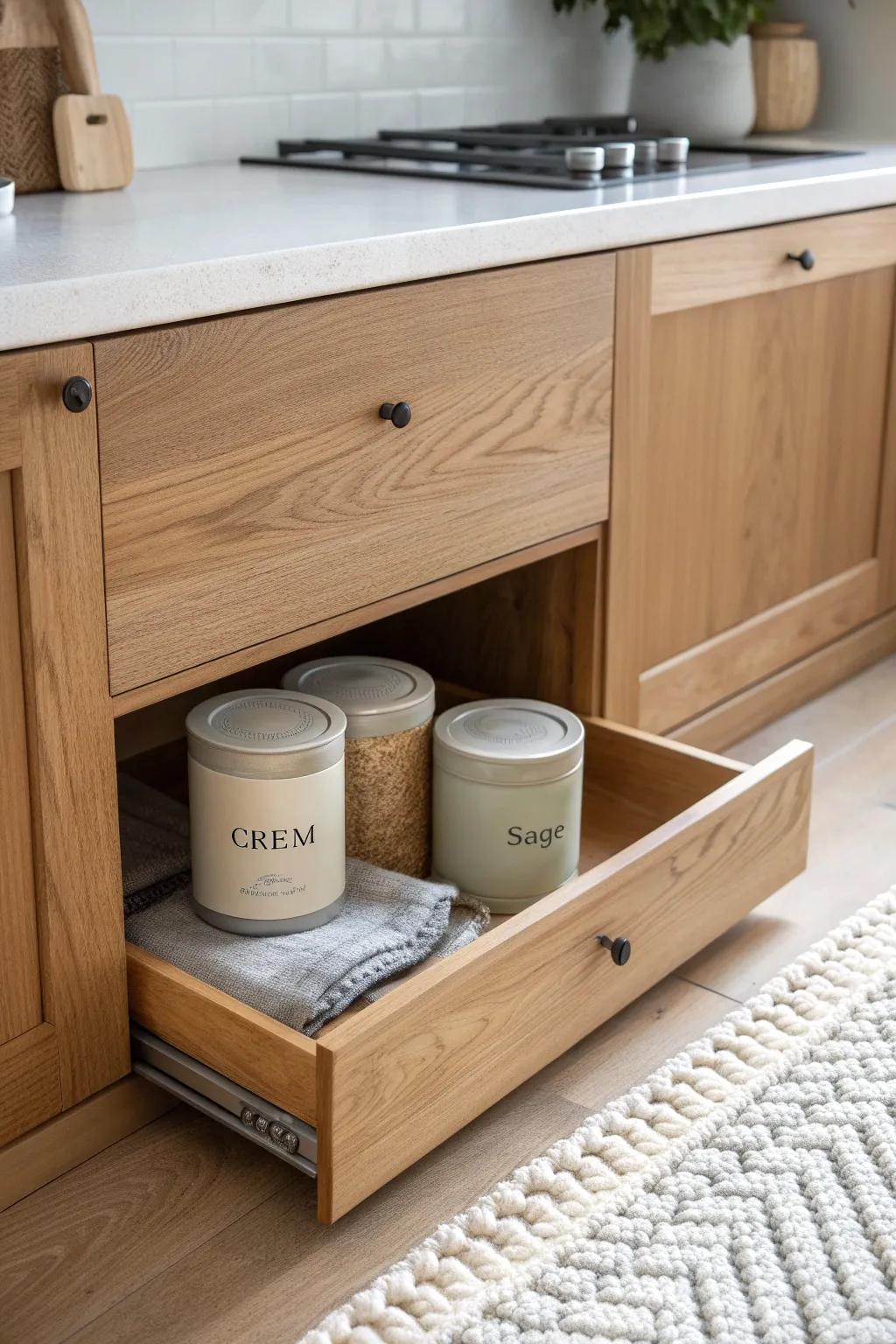 A hidden toe-kick drawer turns unused cabinet space into a sleek, surprise can stash.