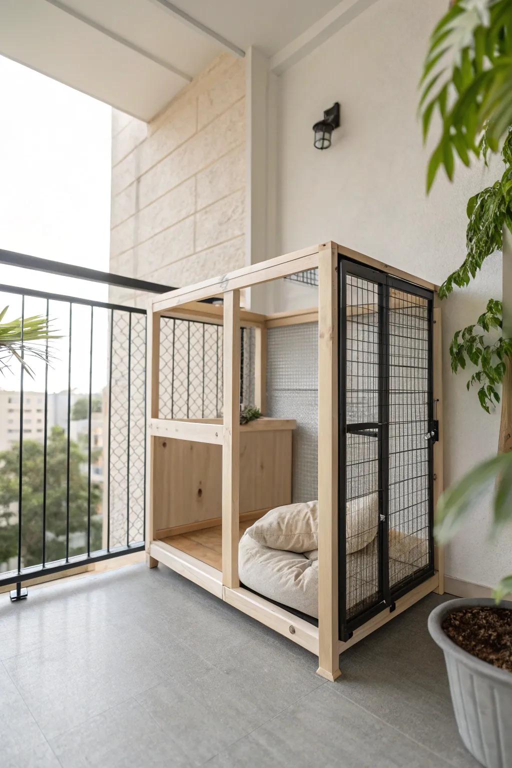 A safe, airy balcony lookout: a sleek catio that adds an extra “room” in small spaces.