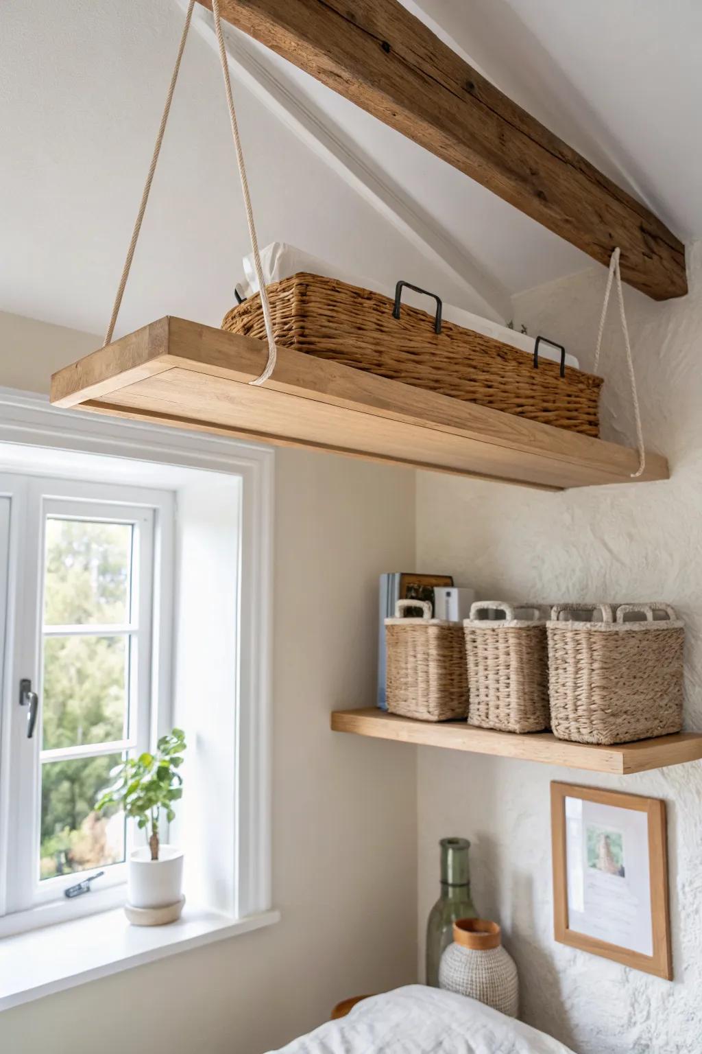 A ceiling catwalk shelf that adds storage up high and keeps curious cats happily exploring.