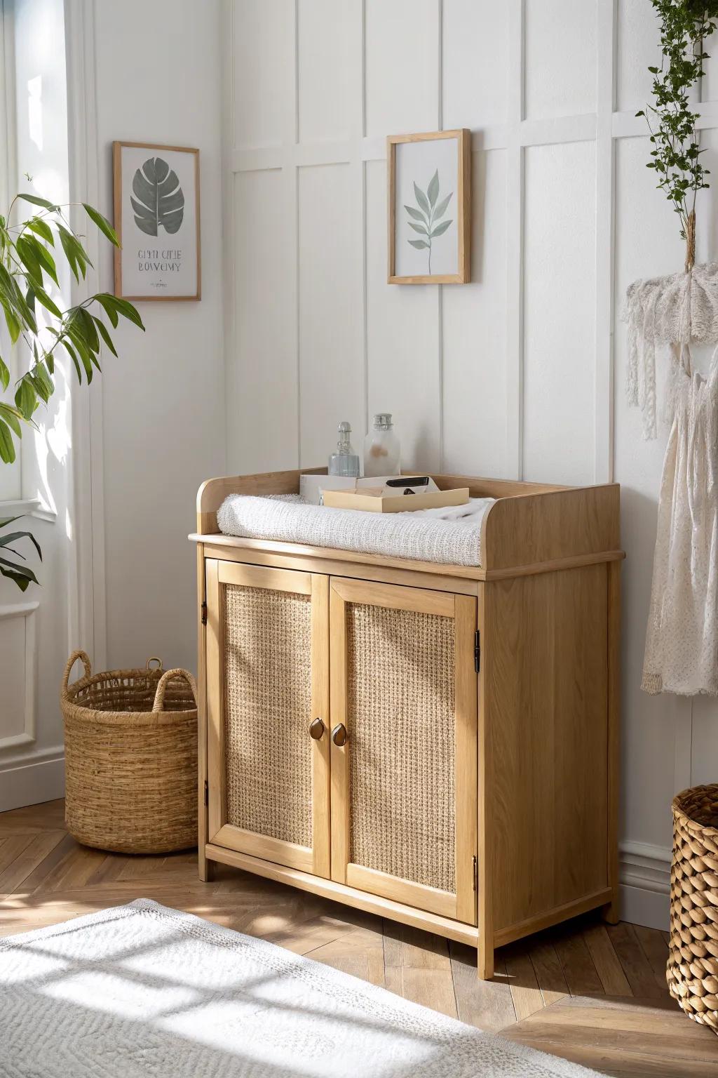 A fold-down wall cabinet changing station that closes up fast for a calm, clutter-free room.