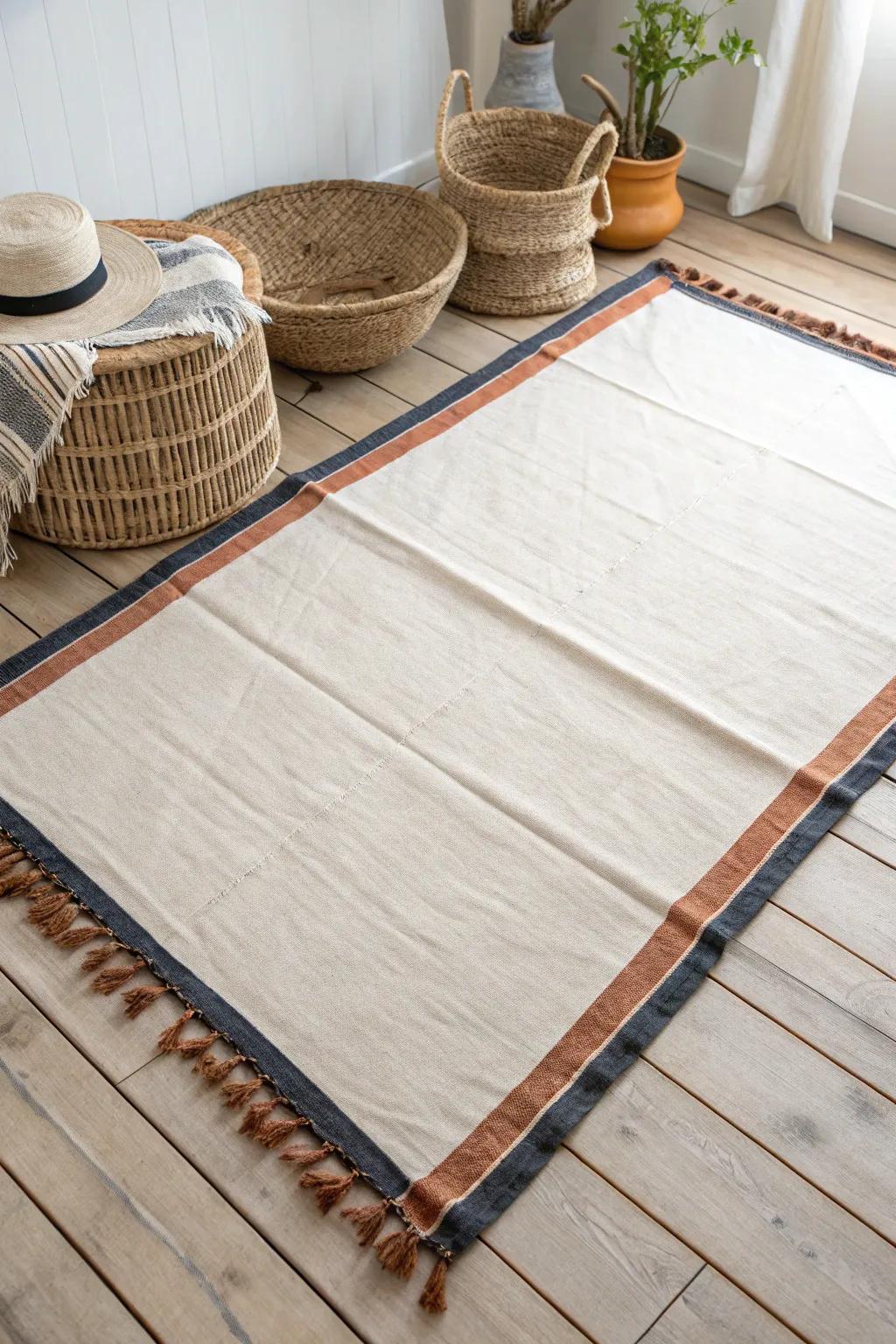 Renter-friendly DIY drop-cloth floor cloth with a painted border—pretty coverage for small spaces.