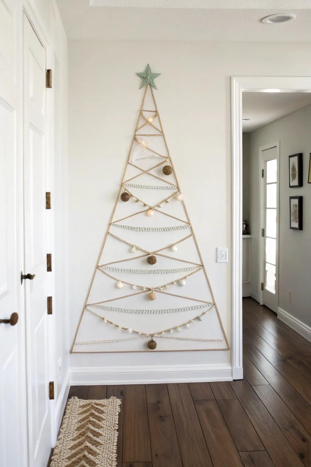 A space-saving yarn Christmas tree wall decor—minimal, cozy, and perfect for tight hallways.
