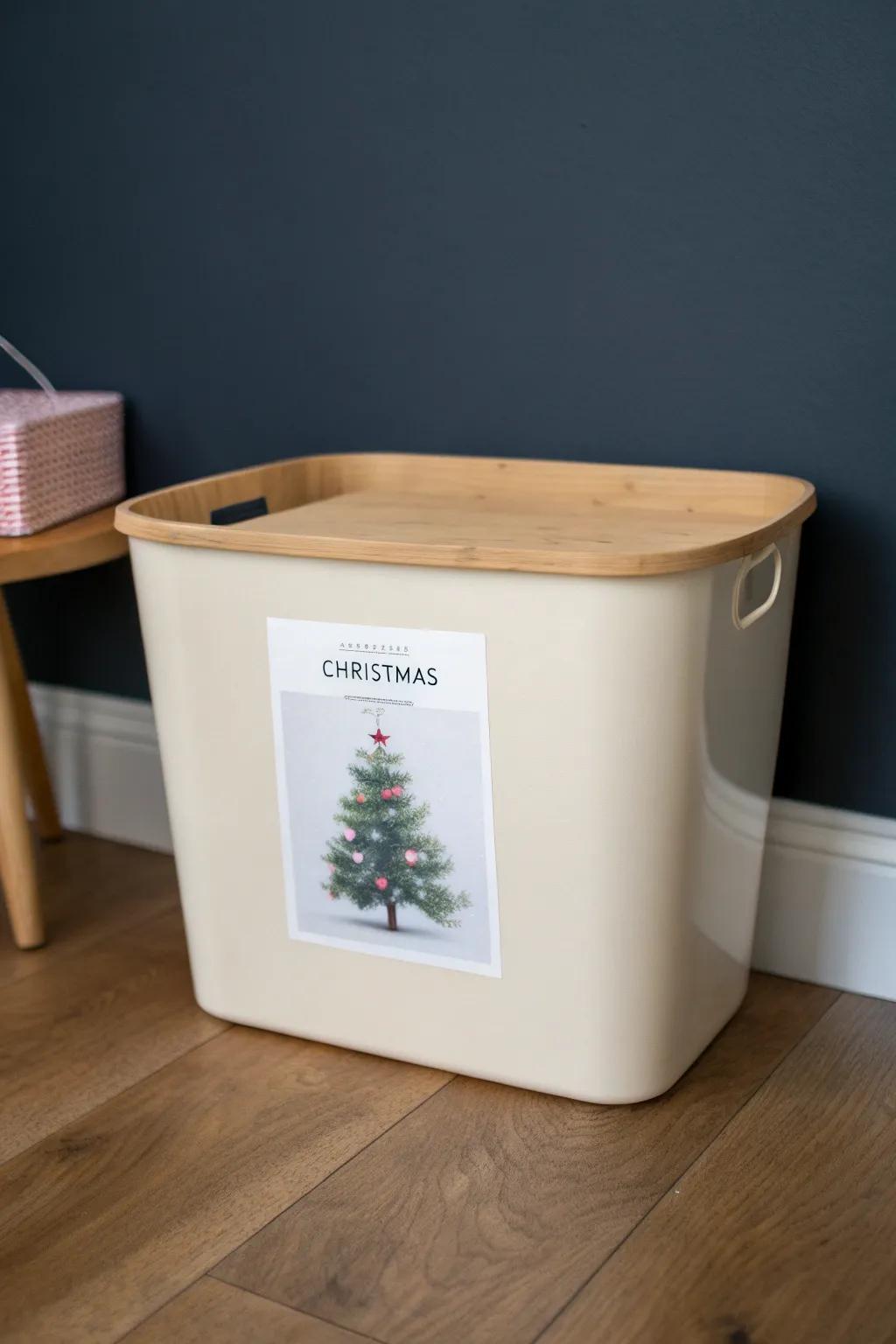 Photo labels on Christmas bins make tree décor easy to find—no more opening every tote.