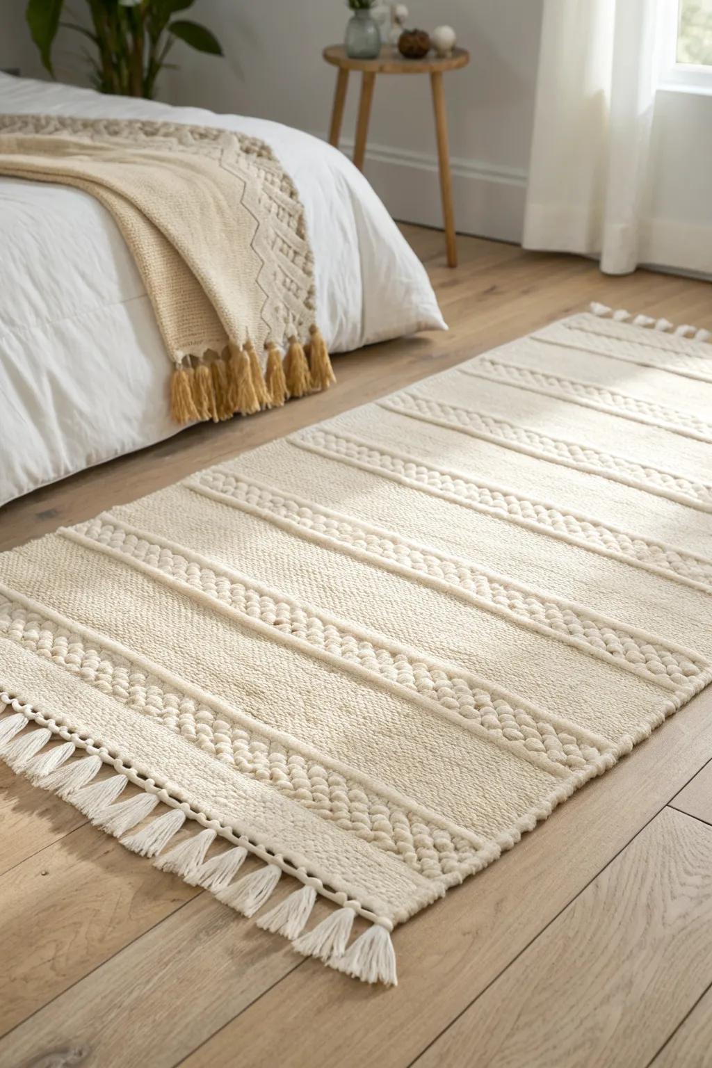Define a tidy sleep zone with a handwoven textured rug—instant order in a small room.