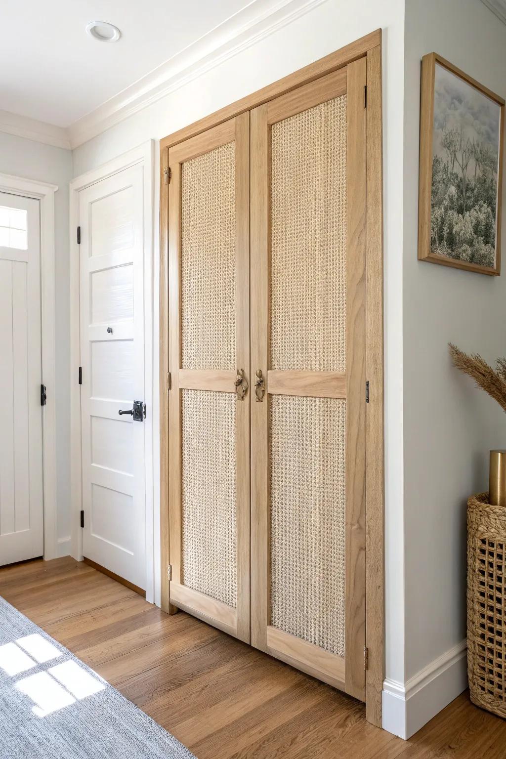 Half-door closet panels hide shoes & bins below, while coats stay easy to grab above.