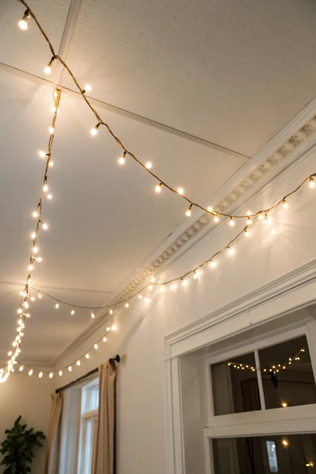 Turn your ceiling into a cozy café glow with a clean grid of warm string lights.