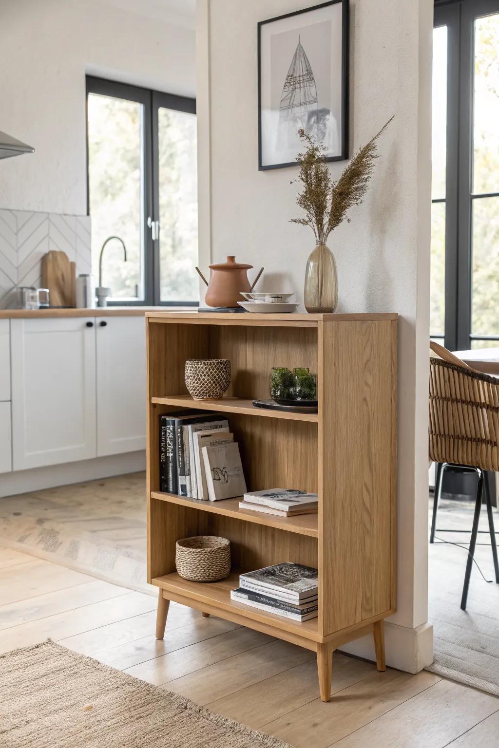 A low bookcase divider defines dining space while keeping your kitchen bright and open.
