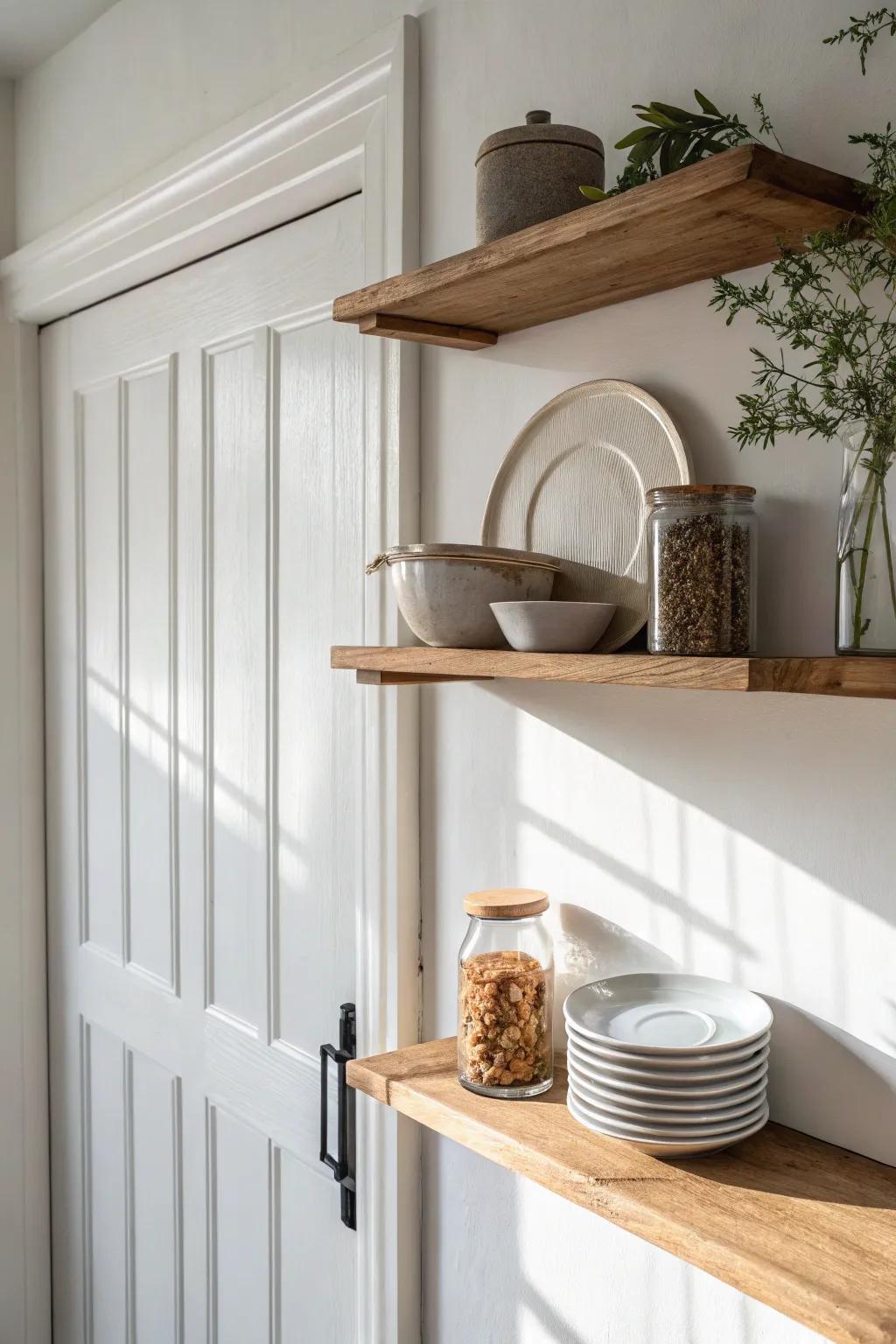 A slim over-door shelf turns “dead” space into chic storage for platters and pantry backups.