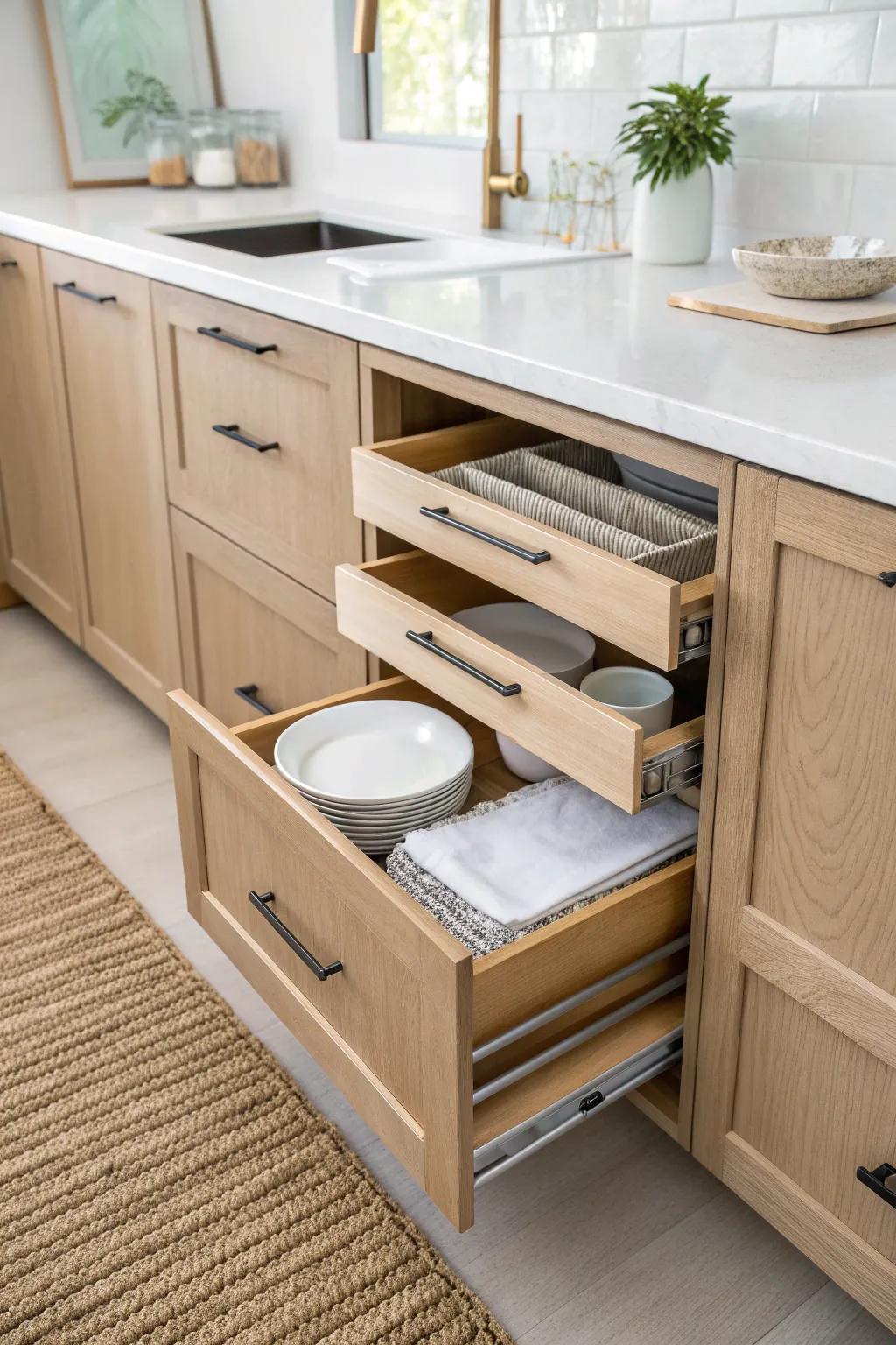 Sneaky condo-kitchen storage: toe-kick drawer + mirror panel to brighten and expand.