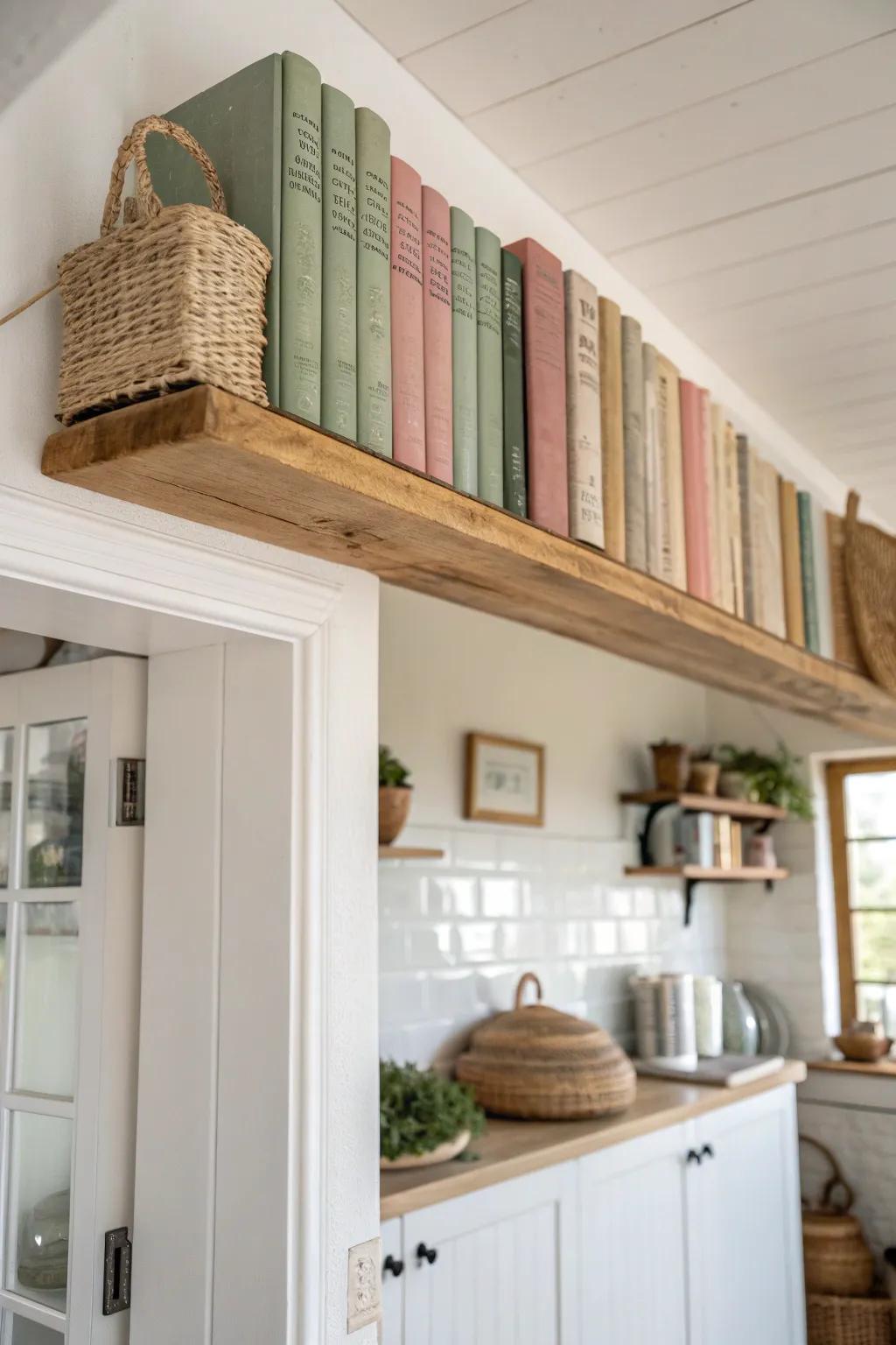 A ceiling-high ledge above the doorway turns unused wall space into chic cookbook storage.