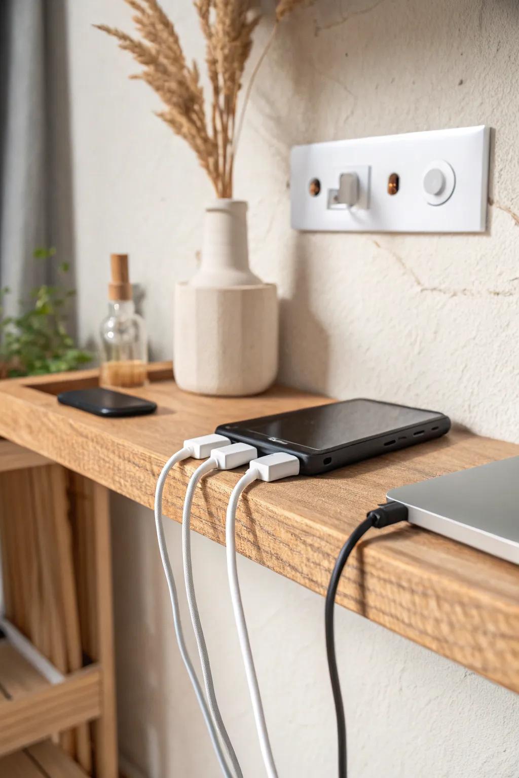 Magnetic cable parking under a shelf—charging tips snap in place, zero countertop chaos.