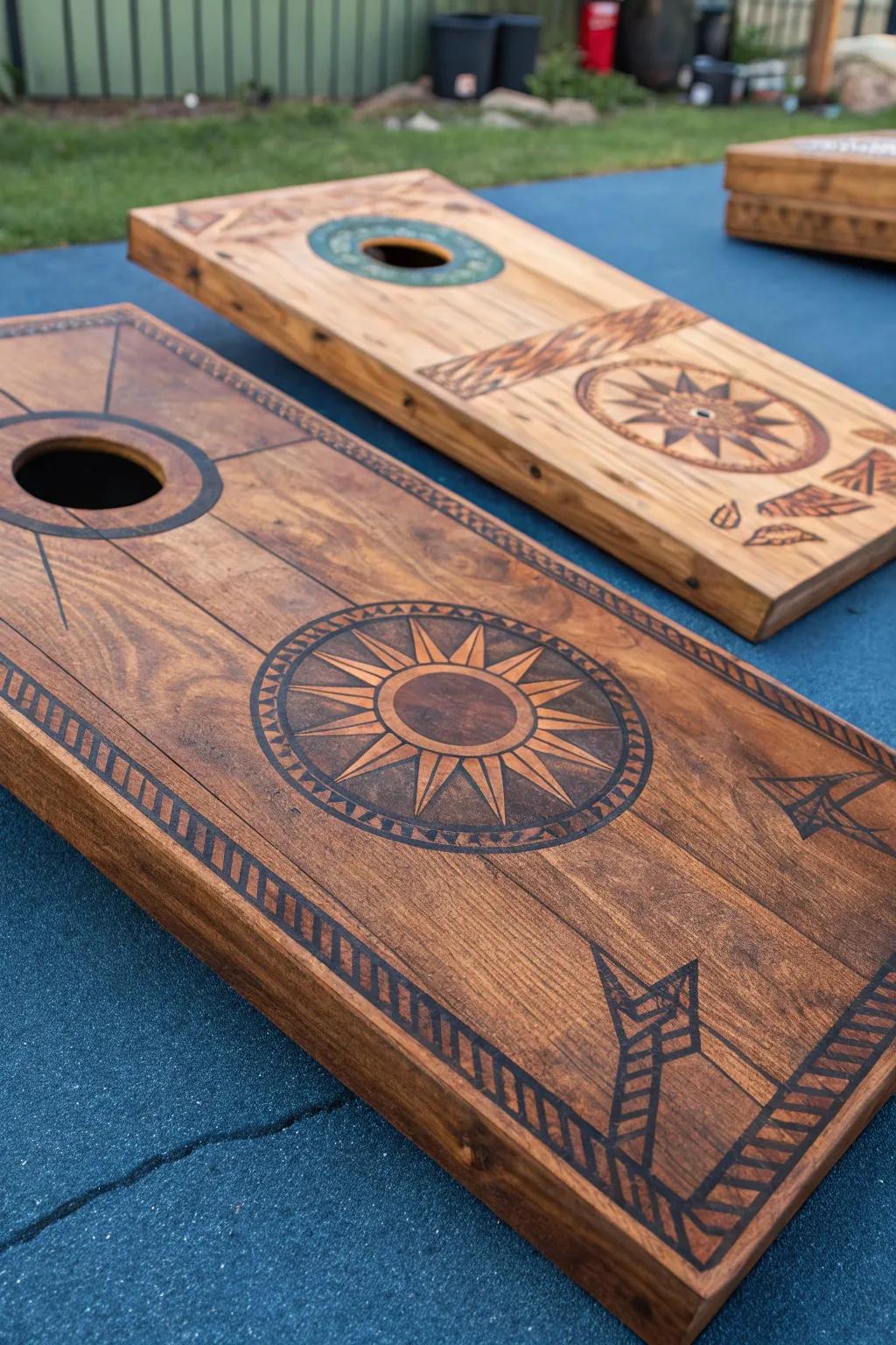 Craftsmanship meets sustainability in this striking reclaimed wood cornhole board.
