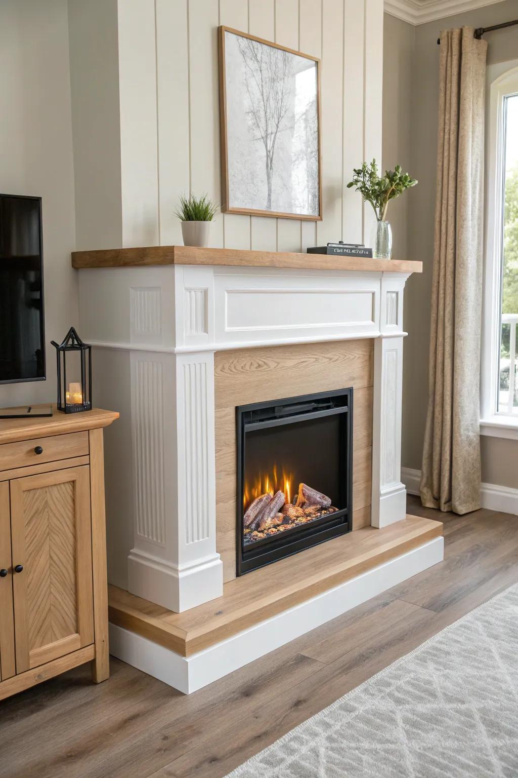 Cozy corner electric fireplace with a hidden charging zone—warm glow, zero cord clutter.