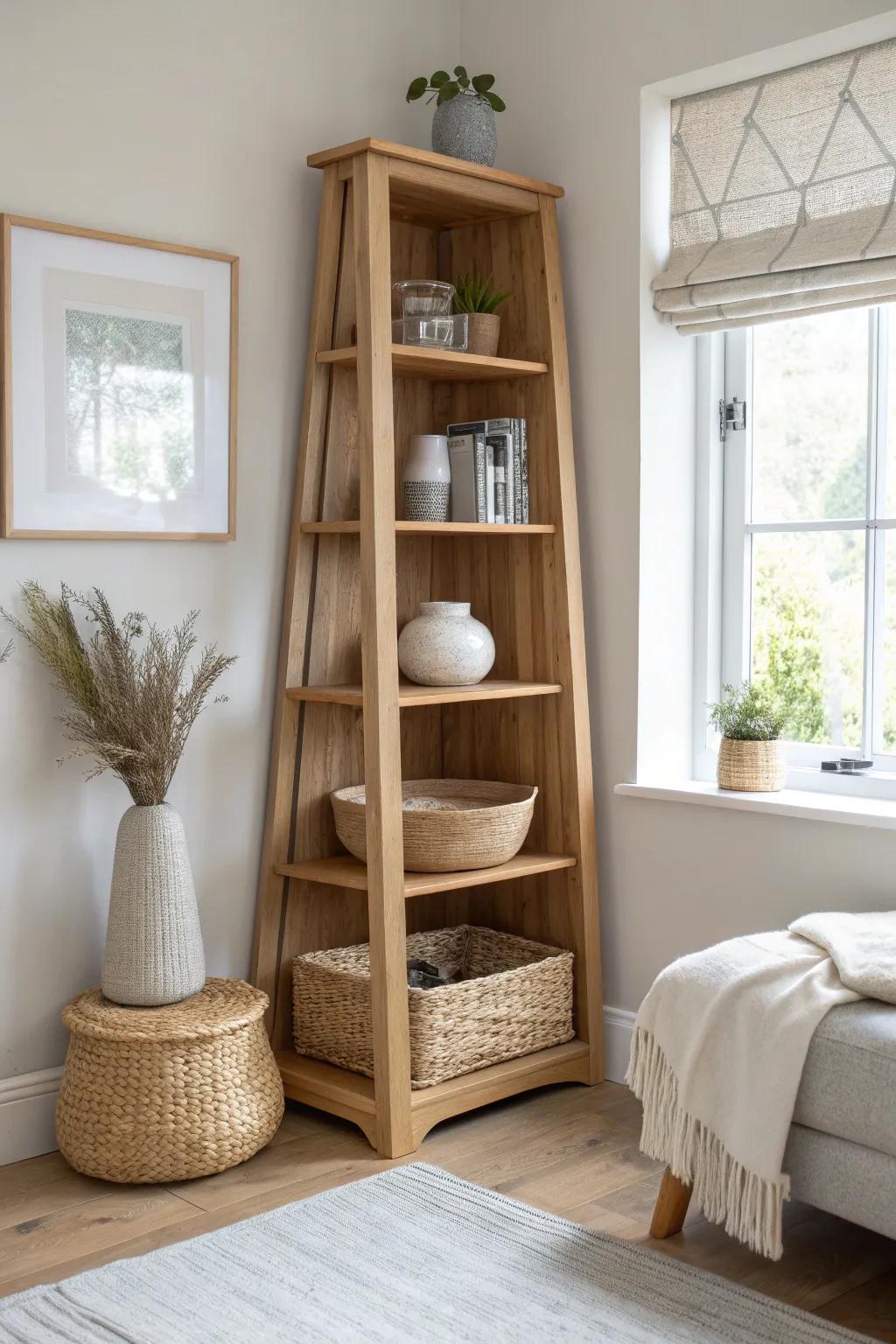A corner shelving divider that zones a studio beautifully—storage, display, and airy separation.
