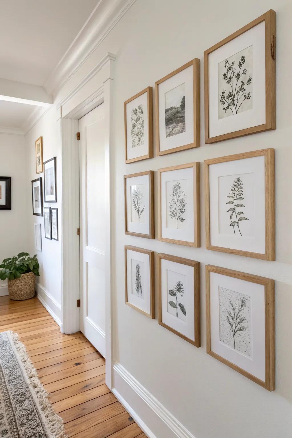 Micro corner gallery: postcard-size frames that wrap the corner and add charm without clutter.