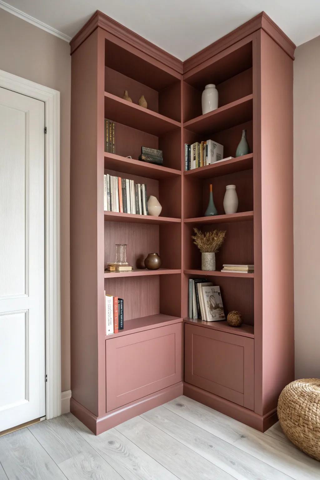 Color-drenched corner shelves make a tiny nook feel like a cozy library cocoon—minimal, warm, chic.