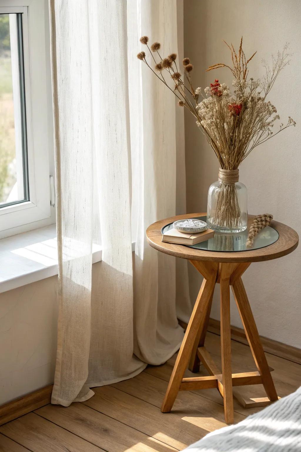 Turn a quiet corner into a mini exhibit with a glass cloche over delicate dried blooms.