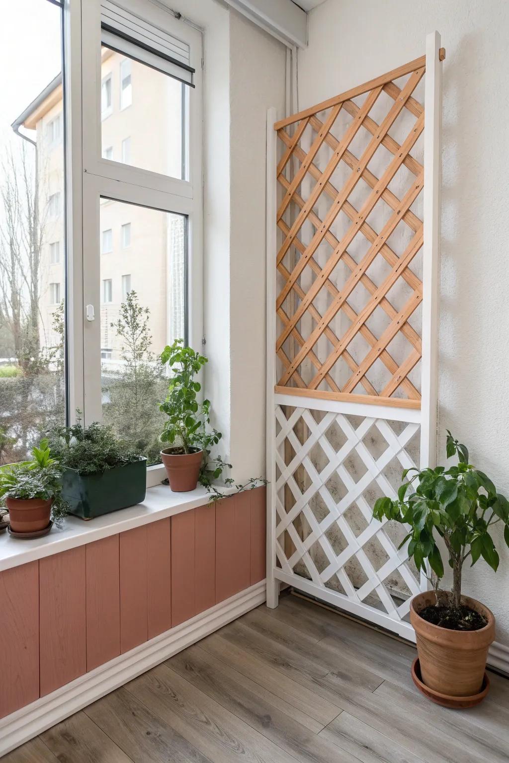 Two-tone corner trellis turns an empty nook into a chic focal point—before vines even grow.