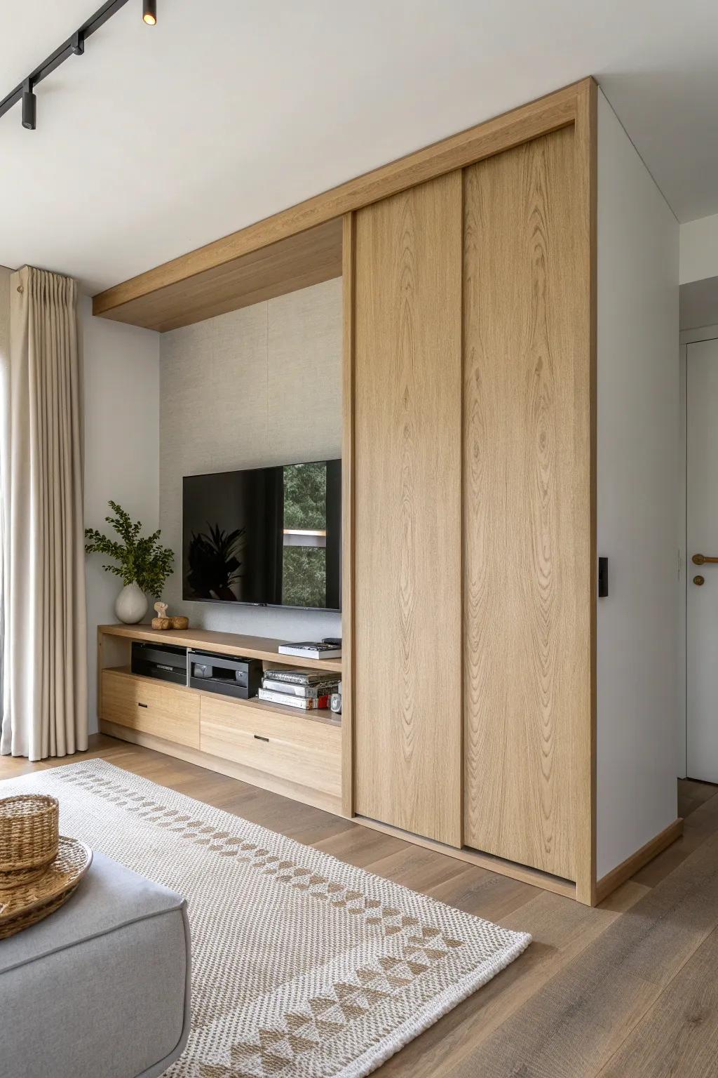 A sleek sliding oak panel hides the corner TV for a calm, minimalist feature wall.