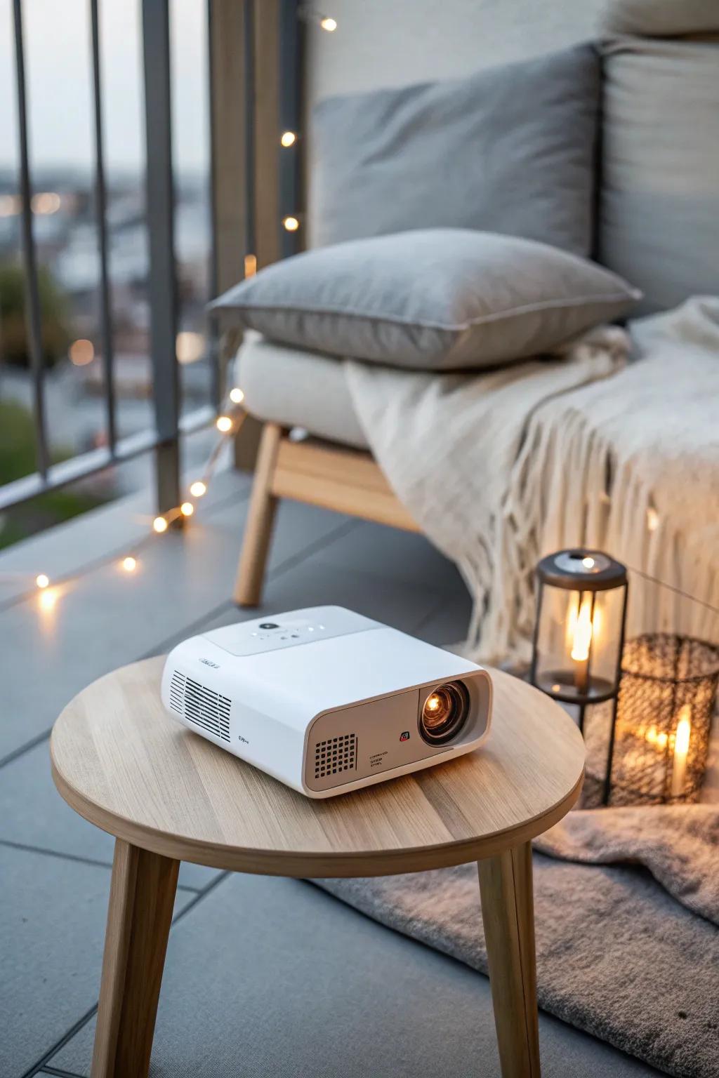 A tiny projector + plush textiles makes a small balcony feel like the coziest movie night.