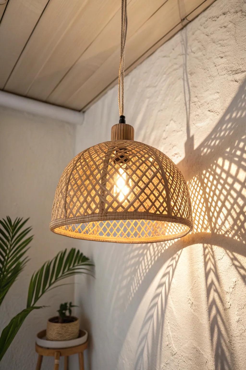 DIY perforated basket shade + warm LED bulb creates dreamy shadow-play for cozy corners.