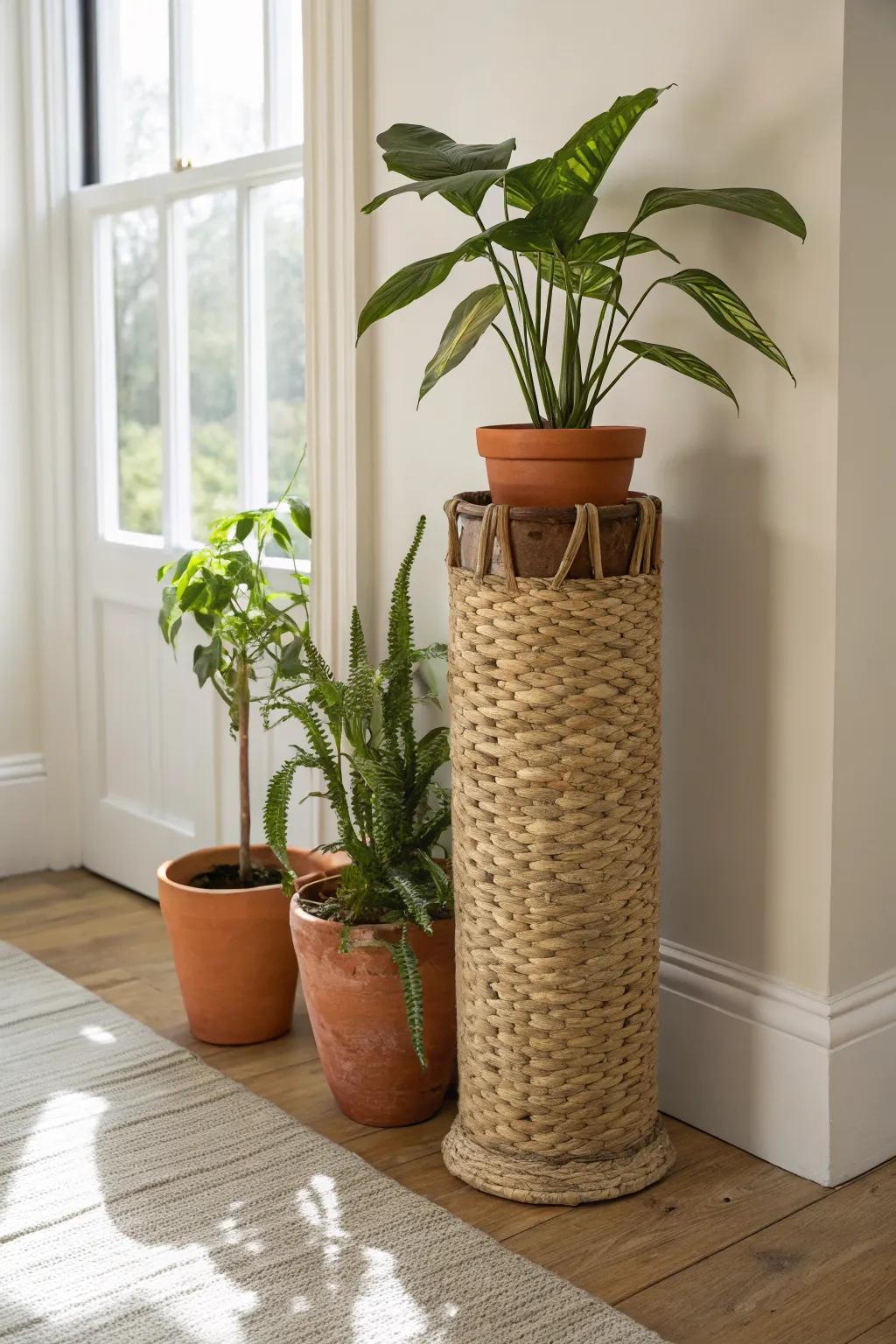 Turn an umbrella stand into a sleek entryway plant station—tall, tidy, and space-smart.