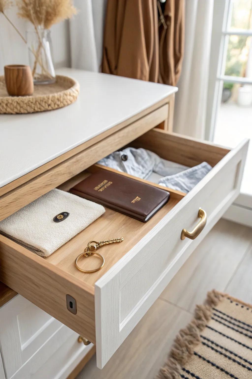 A sleek hidden drawer inside your closet—an elegant “safe spot” for jewelry, keys, and passports.
