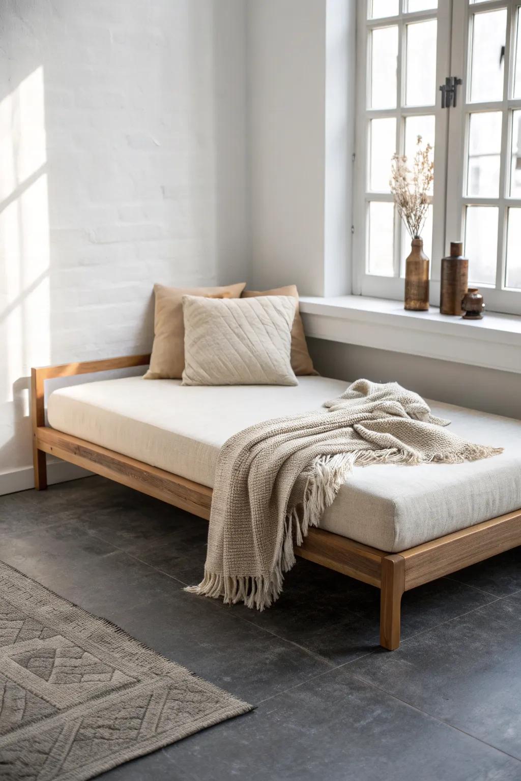 Go ultra-low: a ground-level daybed in linen and oak for a chic floor-lounge moment.