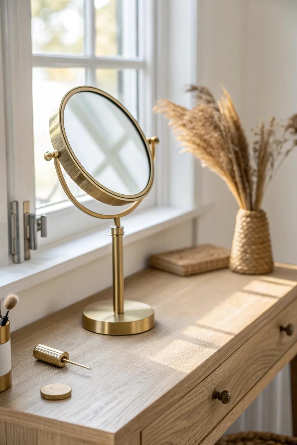 A swivel mirror arm turns your desk into a vanity in one smooth, space-saving swing.