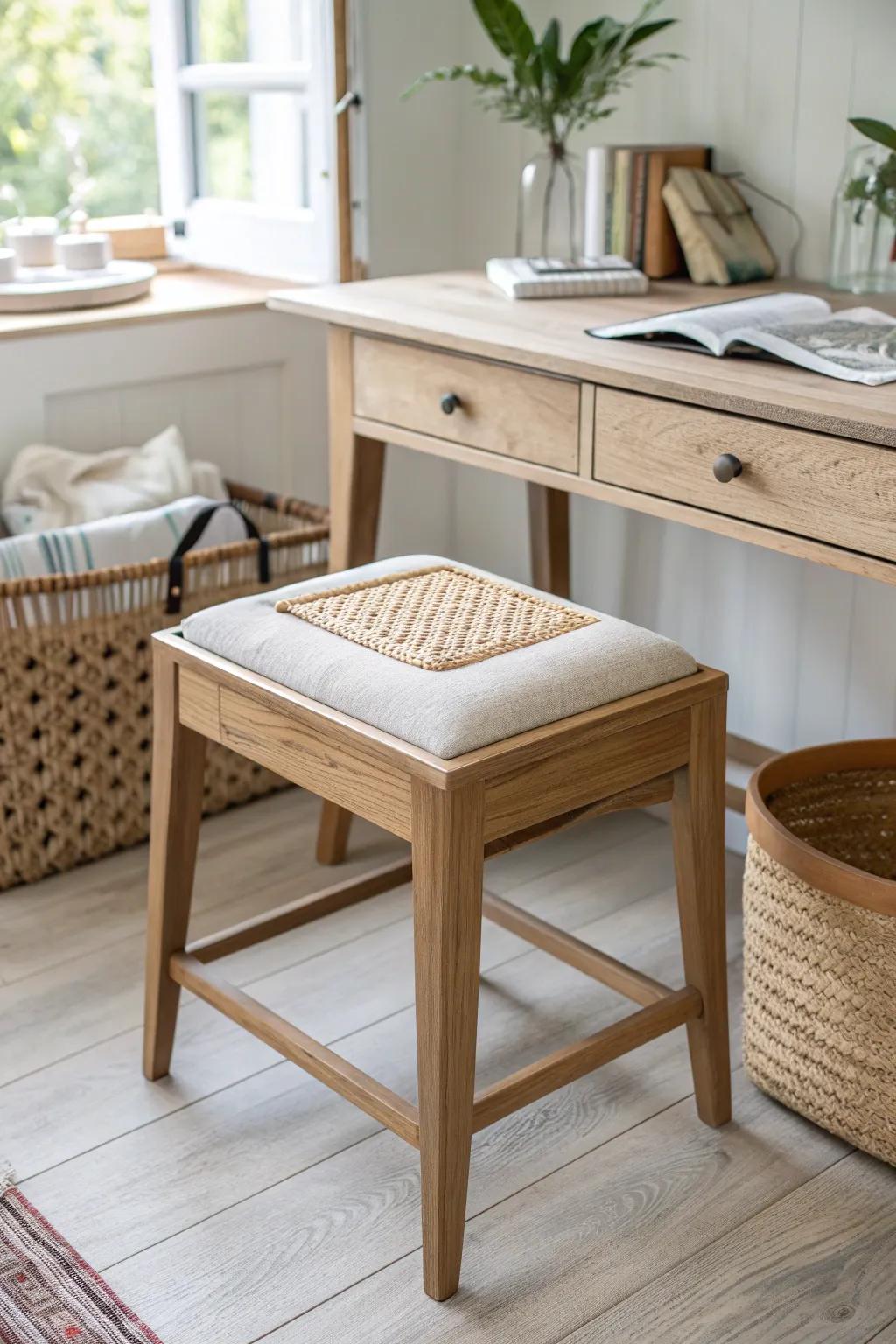 Tuck extras under your desk in a pretty storage stool—minimal surface, maximum calm.