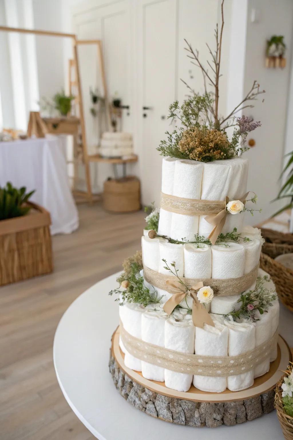 Celebrate sustainability with a charming, eco-friendly diaper cake for twins, where natural beauty meets thoughtful design.