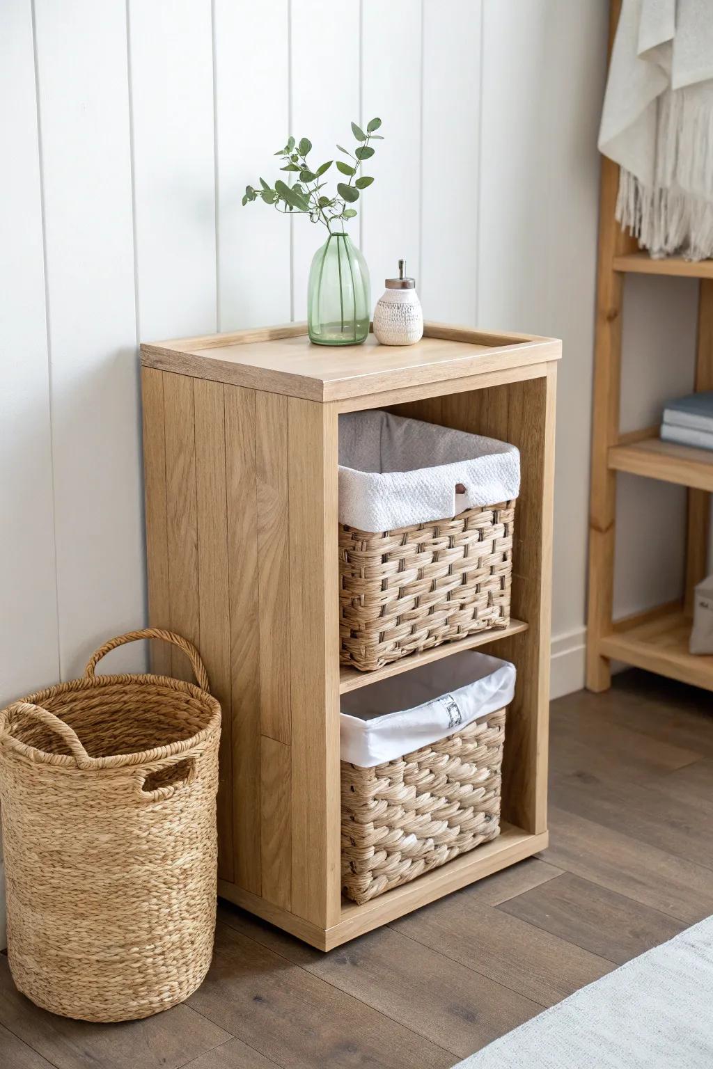 Turn a shelf cube into a chic laundry drop—one matching bin keeps clutter beautifully hidden.