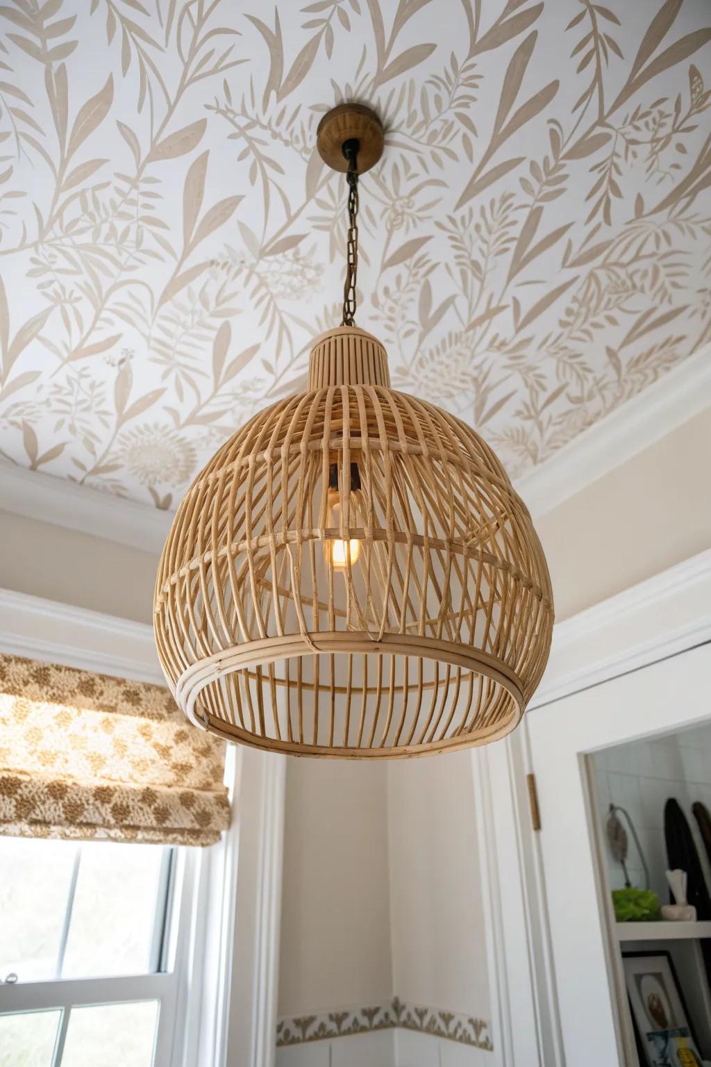 A wallpapered ceiling creates an unforgettable “fifth wall” wow moment in a tiny bathroom.