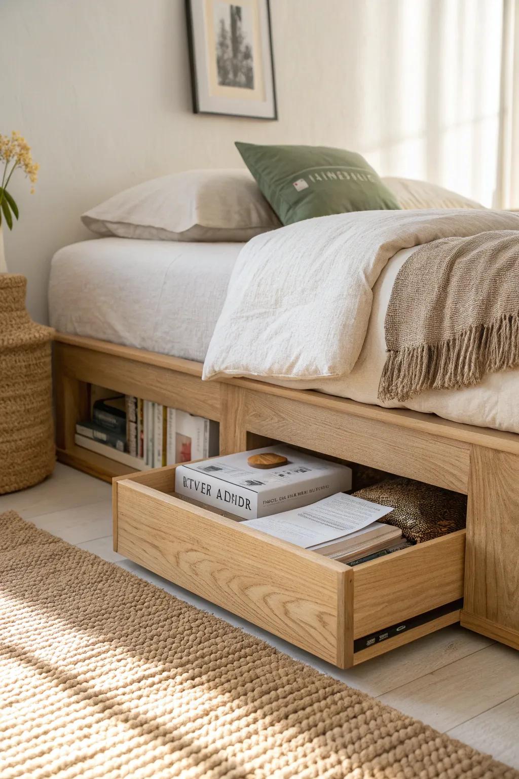 Hidden toe-kick storage makes a corner bed platform look seamless—while stashing clutter out of sight.