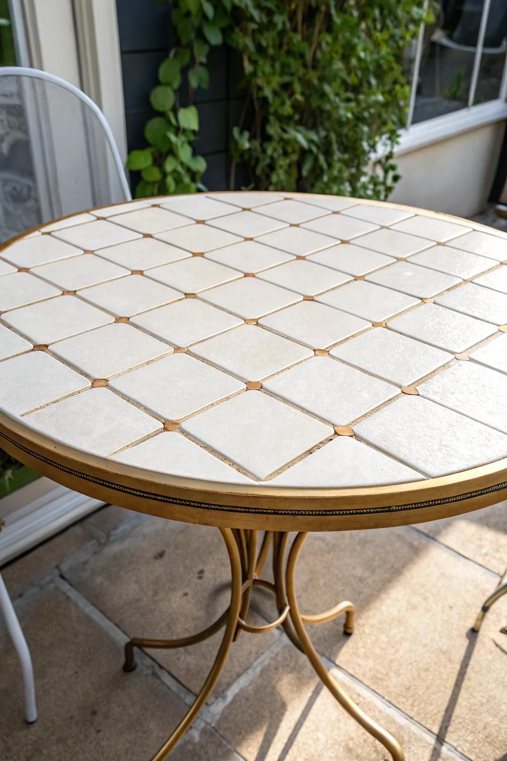 Tile your tabletop like a tiny bistro—warm grout + sleek edge trim for a polished finish.