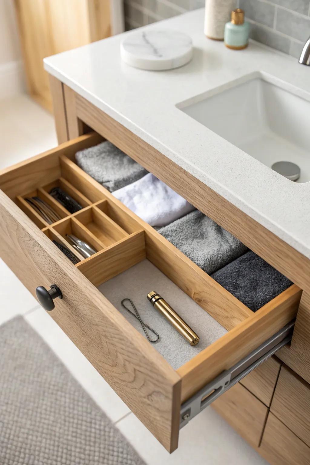 Magnetic drawer divider keeps bobby pins and tiny metal tools perfectly in place.