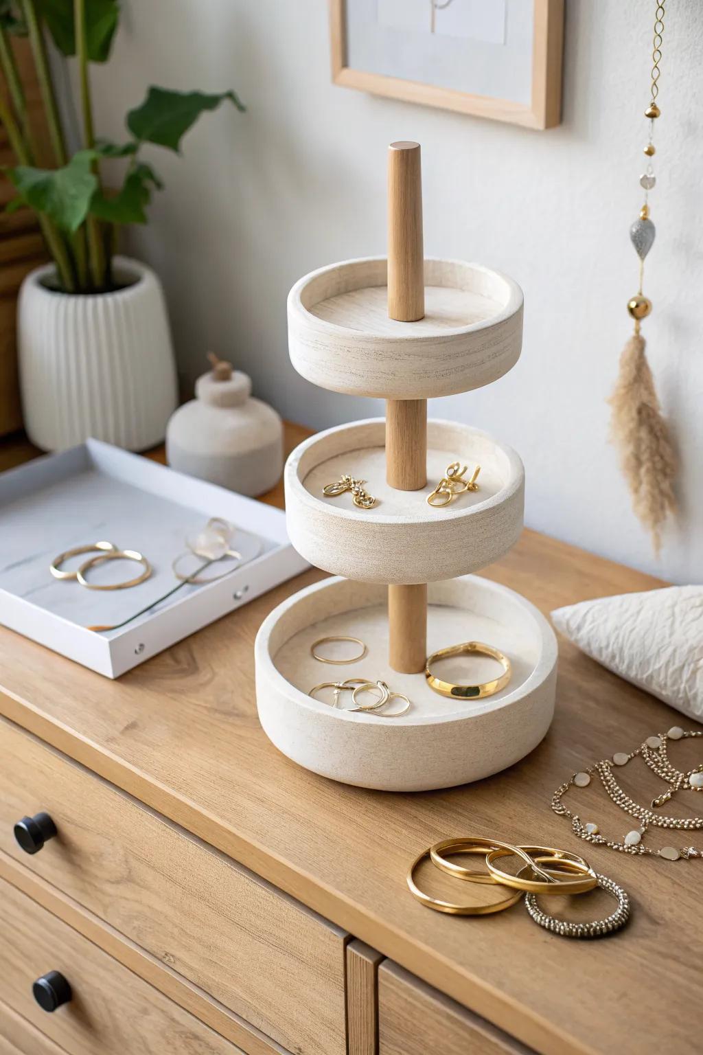 Tiny-space magic: a rotating stacked jewelry tower that stores more in a slim, vertical footprint.