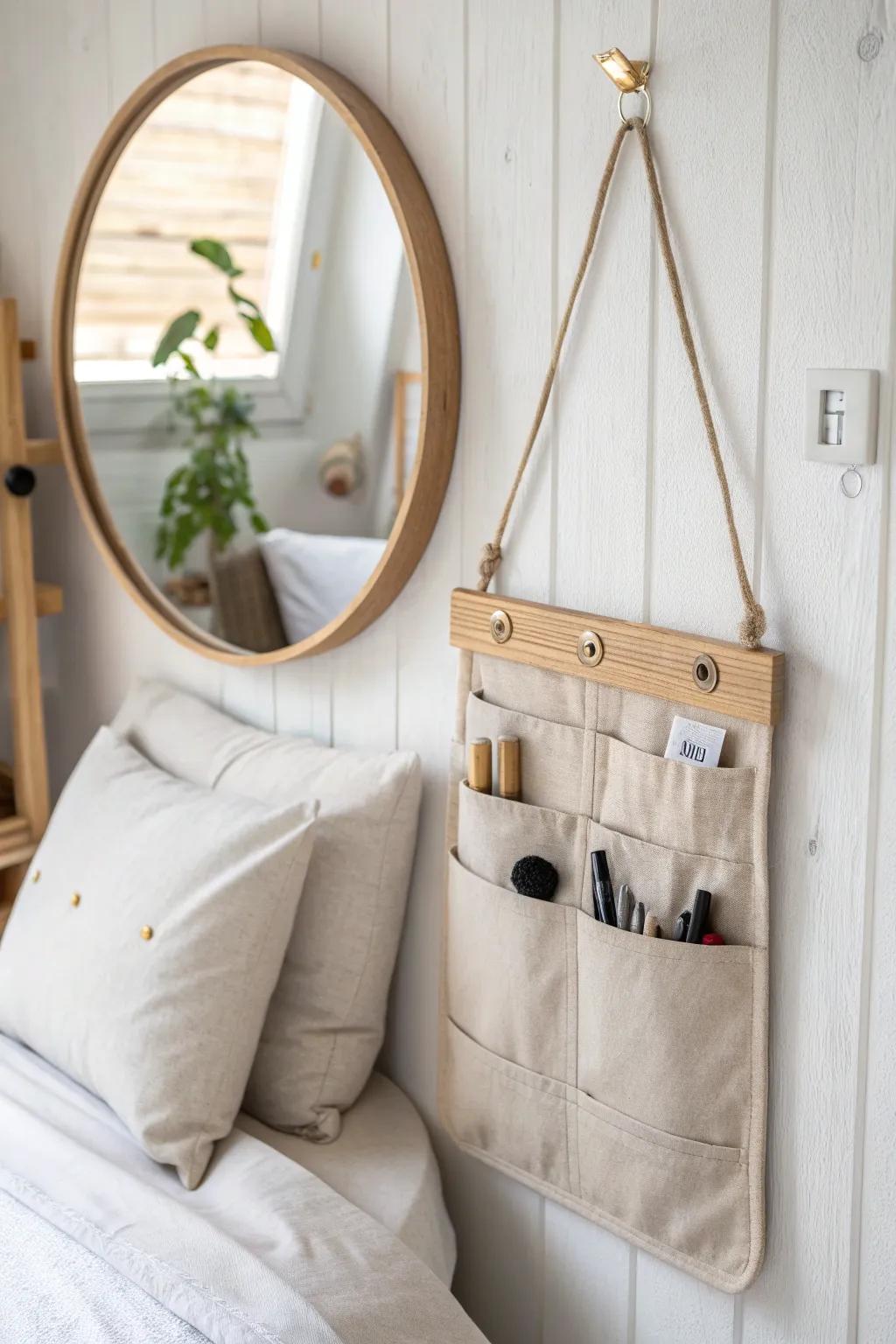 A mirror that hides extra storage—flat pouches behind it keep tools and backups out of sight.