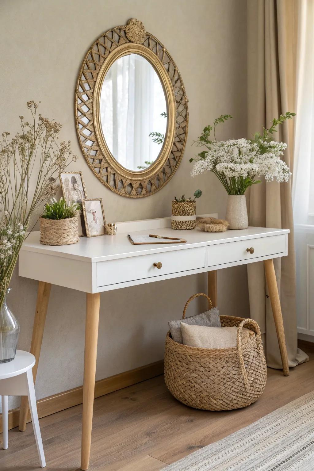 Create your own eclectic makeup vanity by blending modern minimalism with vintage charm for a truly unique space.