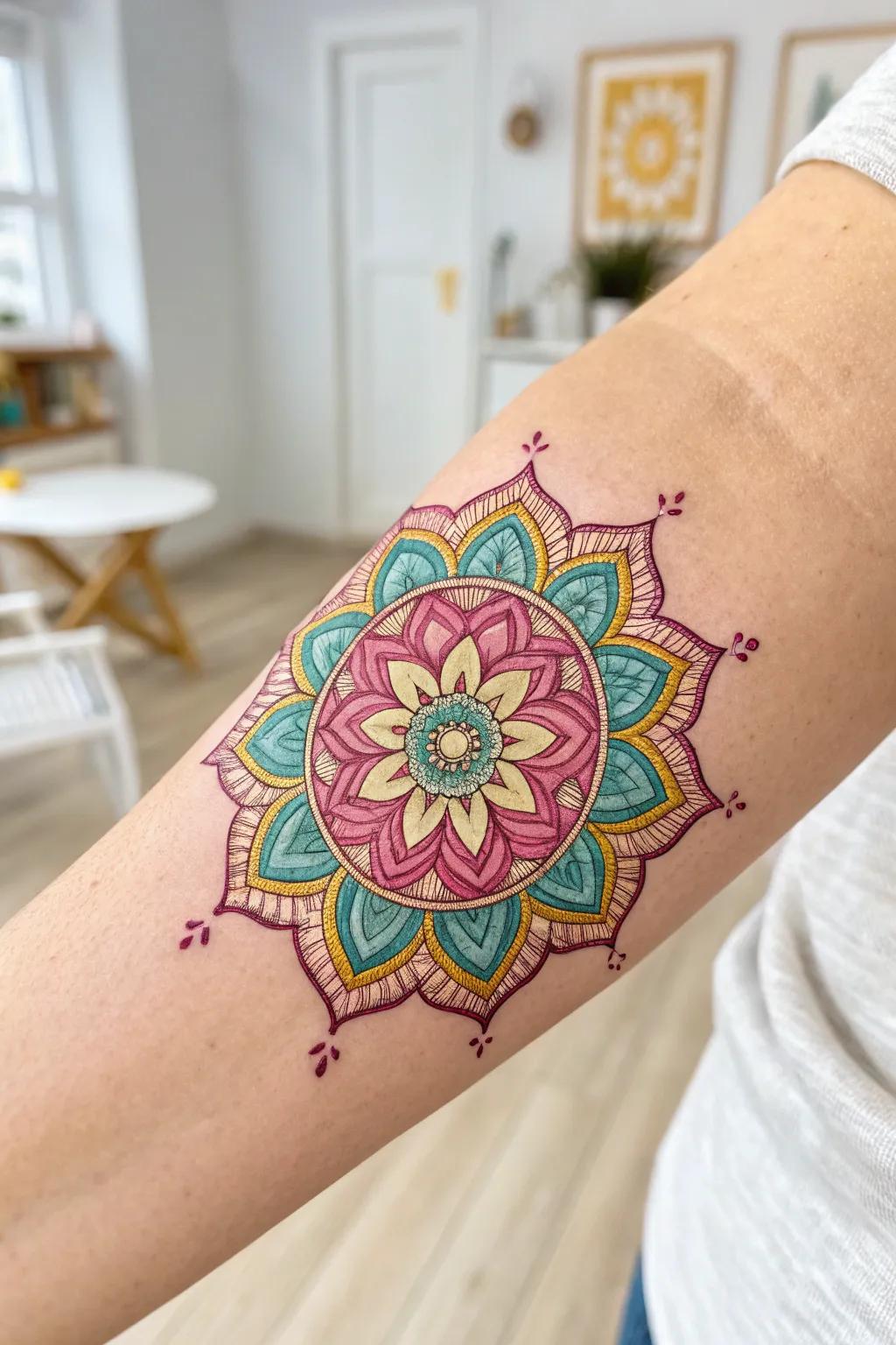 Embrace serenity with a touch of art—discover the tranquility of colorful mandala tattoos.