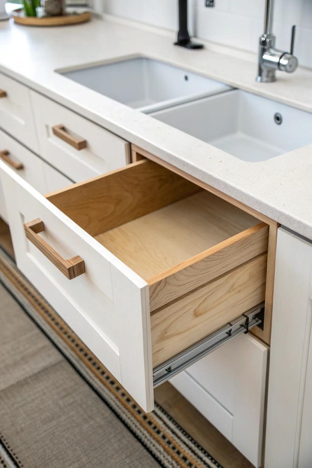 DIY U-shaped sliding drawer that hugs the pipe—max under-sink storage with a custom look.