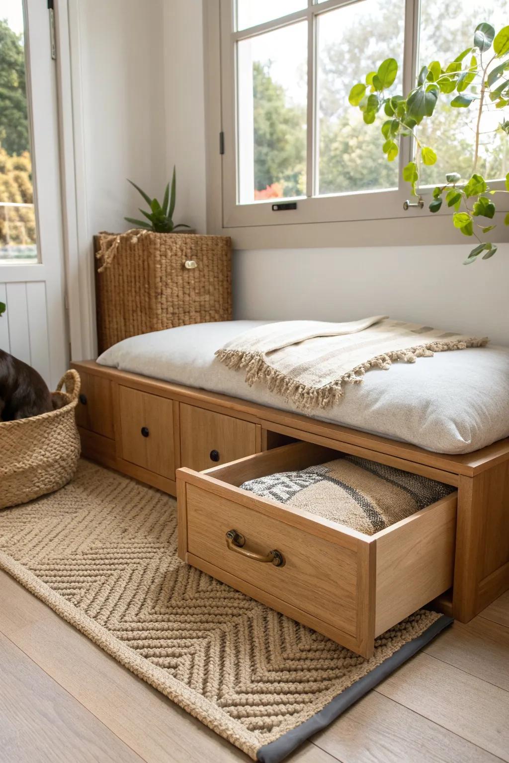 A sleek pull-out drawer dog nook—hidden in a low cabinet for easy cleaning and cozy style.